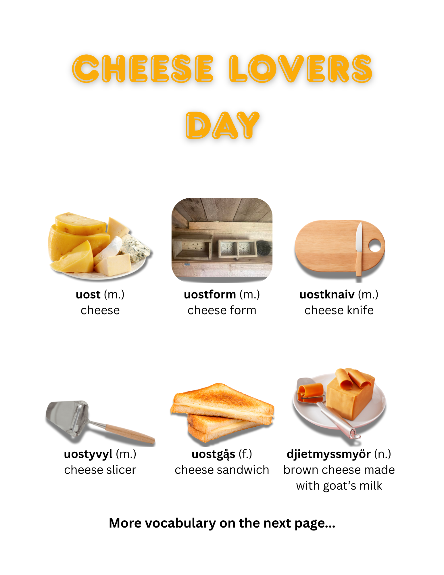 first page of cheese-themed vocabulary in Elfdalian